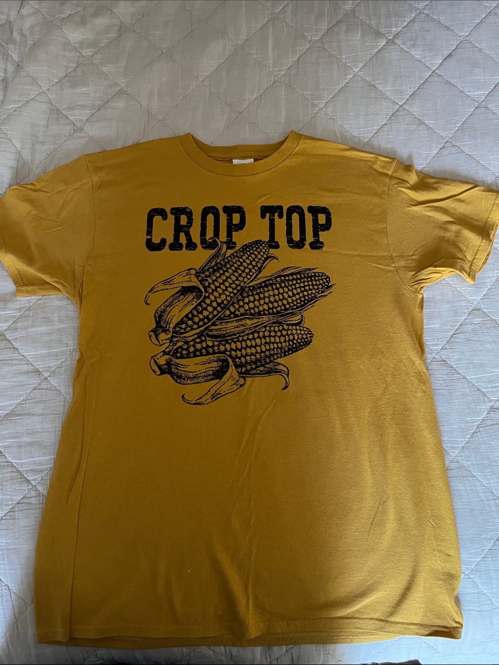 Mustard Graphic Tee with 'CROP TOP' Corn Illustration
